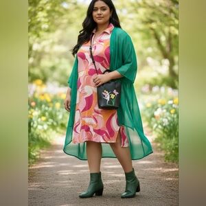 Colorful Retro Abstract Linen Dress Pink Magenta Orange Short Sleeve V-Neck Tuni